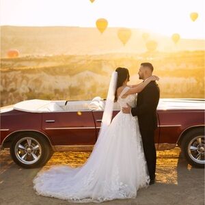 Oleg Cassini Elegant White Off-Shoulder Lace Wedding Dress